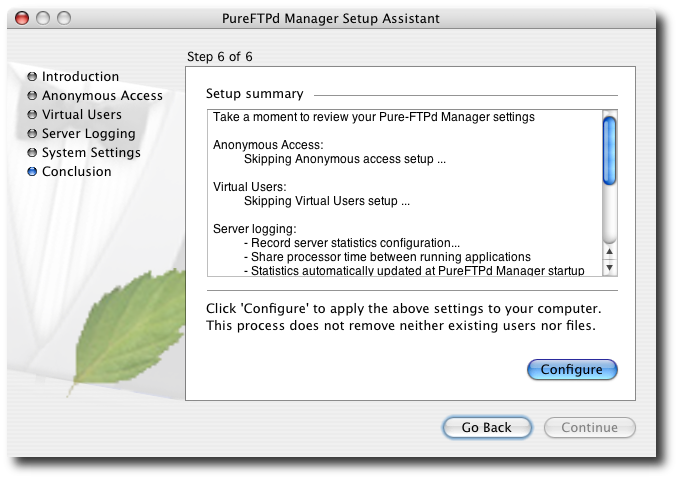 Last screen of PureFTPd Setup Assistant.
