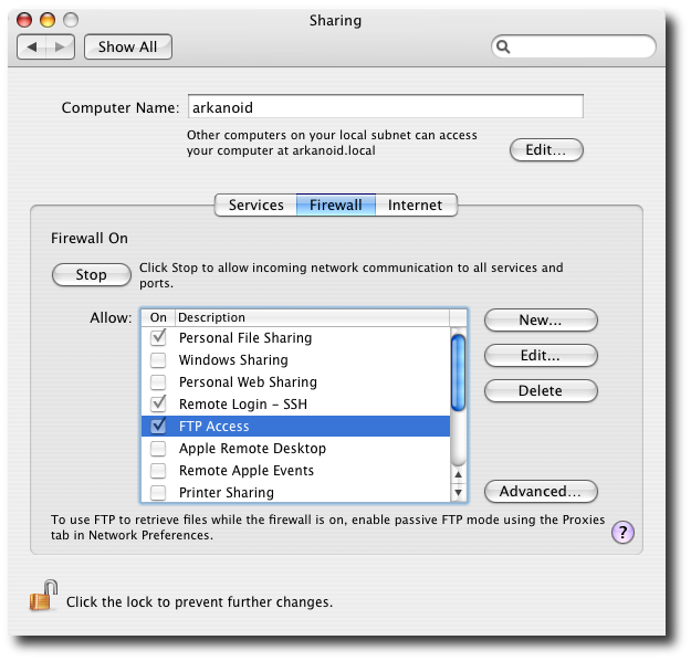 Mac OS X Sharing Preference Pane - Firewall Tab.