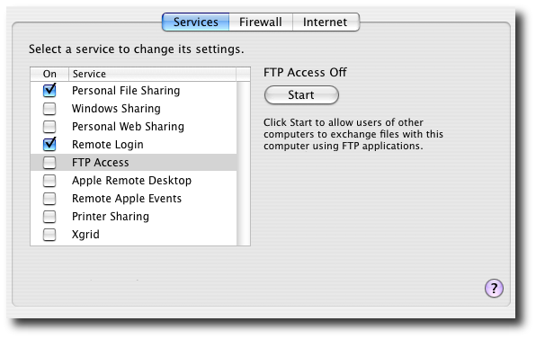 Mac OS X Sharing Preference Panes with FTP Access Off.